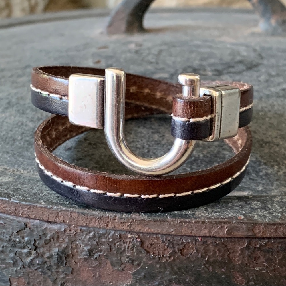 Leather Double Wrap Bracelet with Horseshoe Clasp
